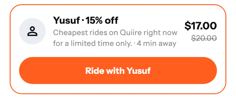 A price cut as a customer sees it: the driver's name, the reduced fare beside the usual one, and a button to ride with that driver.