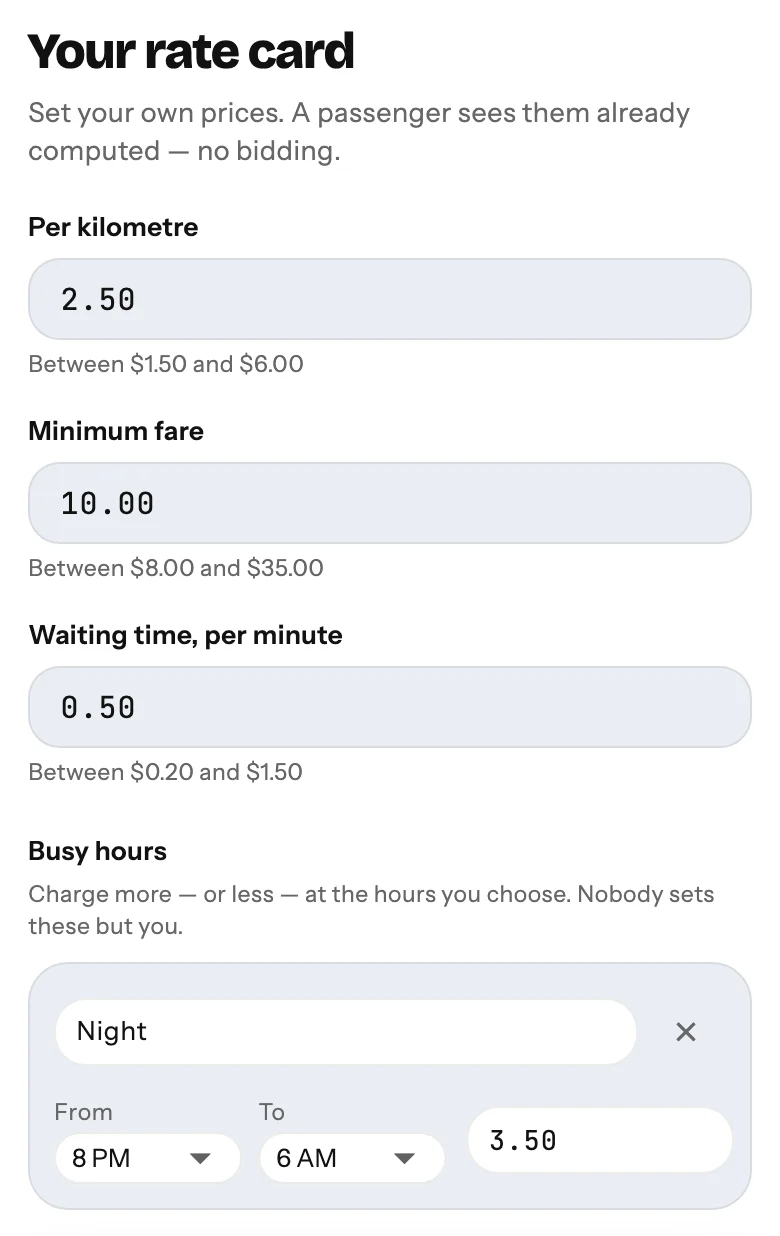 The rate card in the Quiire Provider app, with fields for the per kilometre rate, the minimum fare and waiting time, and a night rate under Busy hours.